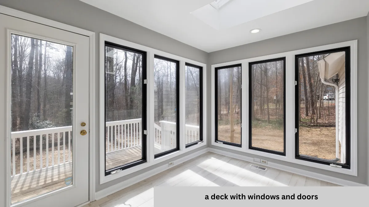 Beautifully enclosed deck with windows and doors, creating a cozy and functional outdoor space for all seasons.