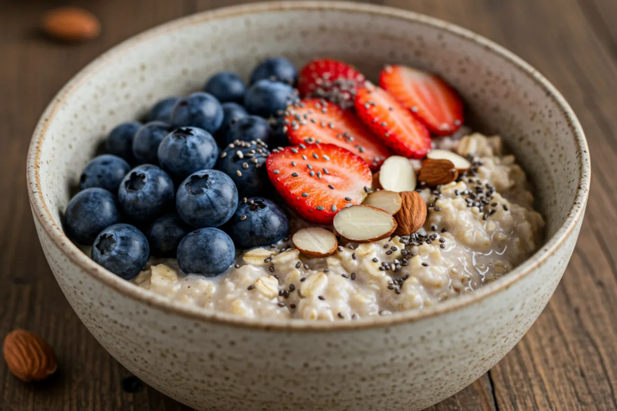 Image of a mason jar with frozen overnight oats topped with berries and nuts, illustrating the answer to "can you freeze overnight oats.